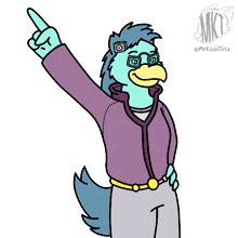 a cartoon drawing of a bird wearing glasses pointing up