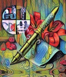 a painting of a pen and a dollar bill with the word deo on the pen