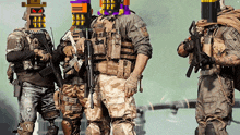 a group of soldiers standing next to each other with one wearing a purple hat that says ' a ' on it