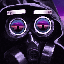 a person wearing a gas mask has a picture of a sunset in their eyes