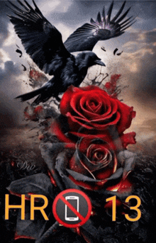 a picture of a crow and roses with the number 13