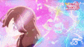 a girl with brown hair is surrounded by music notes and a pink and blue background