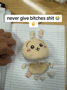 a person is holding a stuffed animal with the words never give bitches shit on top of it