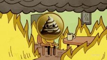 a cartoon of a person sitting at a table with a cup of coffee in front of a pile of poop
