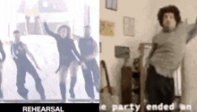 a group of people are dancing in a room next to a man who is dancing in a room .