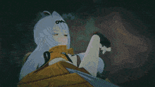 a girl with white hair is holding a golden object in her hand
