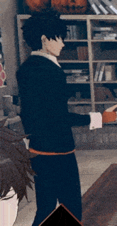 a man in a suit is standing in a room with pumpkins on the shelves