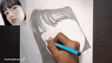 a person is drawing a picture of a woman 's face with a pencil that says " youcandraw " on it