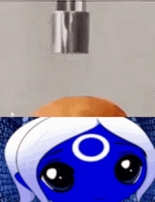 a close up of a cartoon character with a blue face and white hair