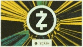 a zcash logo is on a colorful background with rays coming out of it .