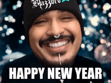 a man with a beard wearing a beanie and a happy new year message