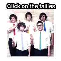 a group of men are posing in front of a brick wall with the words click on the tallies above them