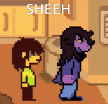 a pixel art of a person standing next to another person with the word sheeh above them