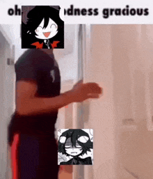 a man is standing in a hallway with a picture of a girl and a picture of a demon .