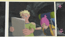 a boy and a girl are looking at a map in a cave .