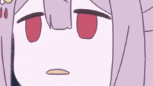 a cartoon of a girl with a purple hair and red eyes