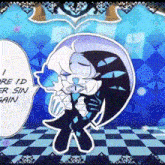 a cartoon character is standing on a checkered floor in a room with a speech bubble .
