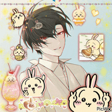 a picture of a boy with a bunch of stickers on his hair