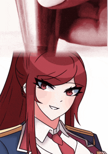 a girl with red hair and a red tie is being poured into a glass