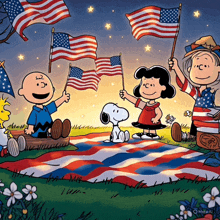 a cartoon of snoopy charlie brown lucy and woodstock holding american flags