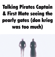 a meme about talking pirates captain and first mate seeing the pearly gates ( don krieg was too much )
