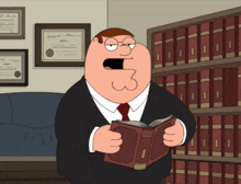 peter griffin from family guy holds a book in his hands