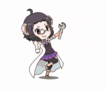 a girl in a lab coat is holding a wrench in her hand .