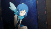 a girl with blue hair and a blue scarf around her neck