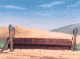 a painting of a desert scene with a brick wall and mountains in the background