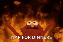 elmo from sesame street is standing in front of a fire with the words `` nap for dinners '' .