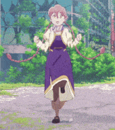 a girl in a purple dress with braids is running