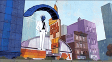 a cartoon drawing of a man standing in front of a sign that says ' roll over ' on it