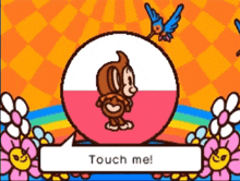 a cartoon of a monkey with a speech bubble that says touch me