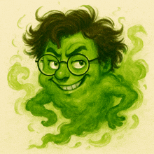a cartoon drawing of a green monster with glasses and brown hair