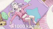 a picture of a girl laying on a bed with the words +1000 karma