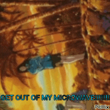 a picture of a woman laying on the ground with the caption " get out of my microwave !!! "