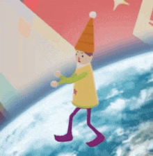 a cartoon character with purple feet and a yellow shirt is walking on the earth