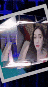 a picture of a woman in a red dress is surrounded by a blue background