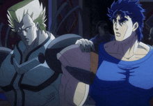 a couple of anime characters standing next to each other and one has a blue shirt on