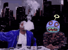 a man in a blue jacket is smoking a cigarette next to a cartoon face