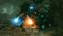 a man in a video game is holding a blue and orange object
