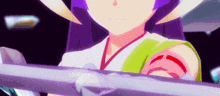 a girl with purple hair and a green shirt is holding a sword
