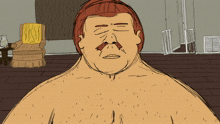 a cartoon of a shirtless man with a mustache in a living room