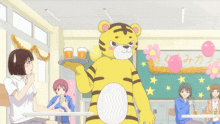 a cartoon of a tiger holding a tray of drinks in a cafeteria