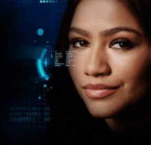 a close up of a woman 's face with a screen behind her that says ' operative '