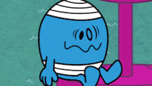 a blue and white cartoon character with a striped shirt on