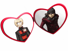 a couple of hearts with a picture of two anime characters in them
