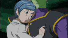 a woman with blue hair is hugging a man in a purple jacket