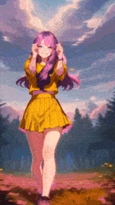a girl with purple hair is wearing a yellow skirt and a yellow shirt .