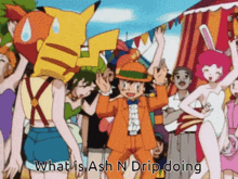 ash n drip is dancing in front of a crowd with a pikachu on his head